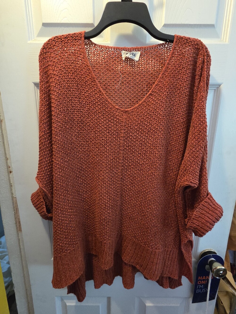 Loose Open-Knit V-Neck Sweater in Rust